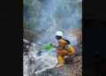 Indonesian fire fighter caught using small, watering can to put out the flames